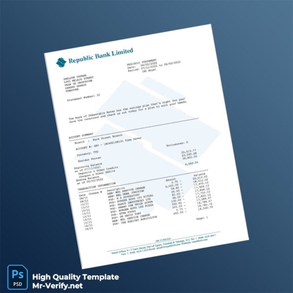 Trinidad and Tobago Republic Bank Bank Statement Template in Word and PDF formats