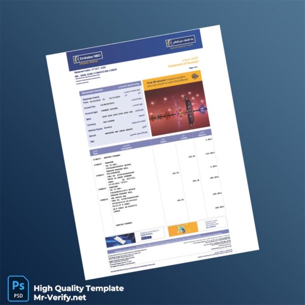 UAE Emirates NBD Account Statement Template in Word and PDF formats