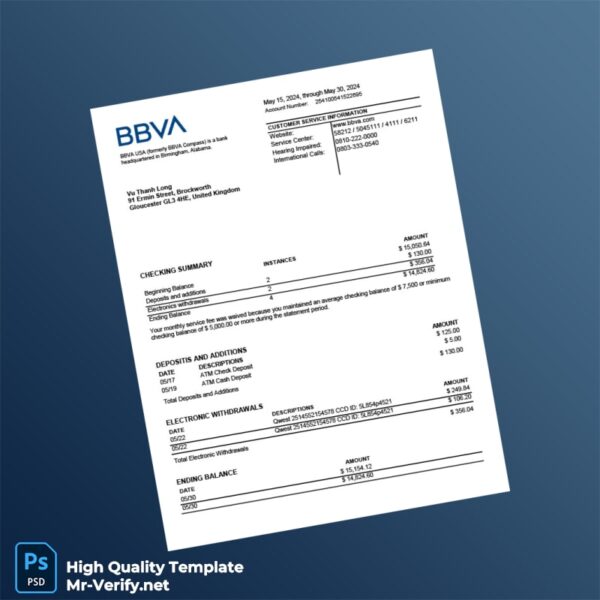 UK BBVA Bank Statement Template in Word and PDF formats