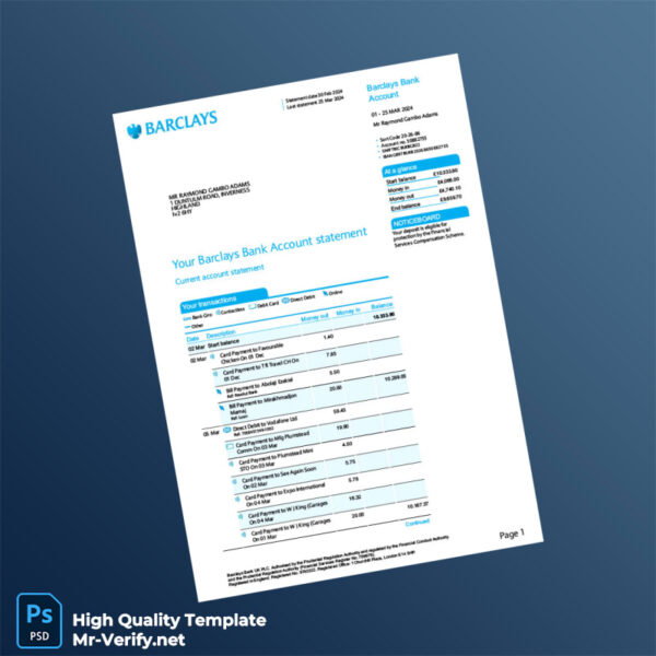 UK Barclays Account Statement Template in Word and PDF formats