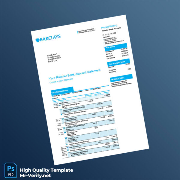 UK Barclays Bank Statement Template in Word and PDF formats