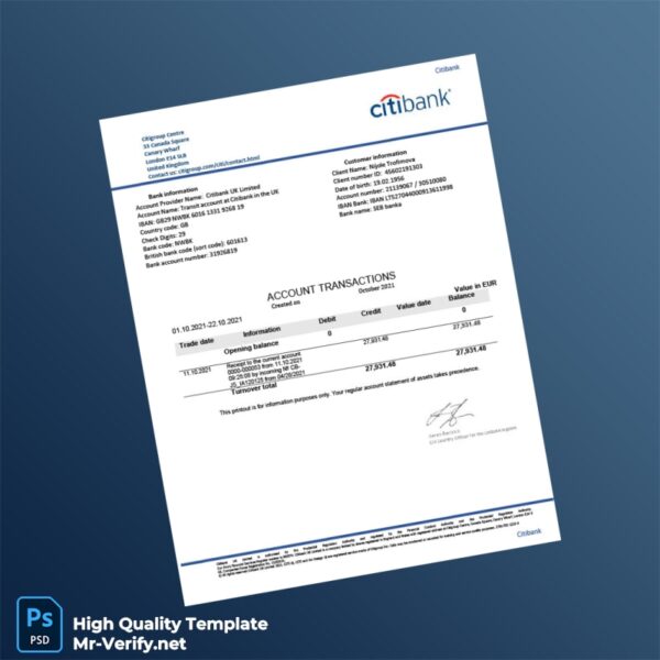 UK Citibank Bank Statement Template in Word and PDF formats