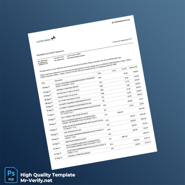 UK Lloyds Bank Business Account Statement Template in Word and PDF formats
