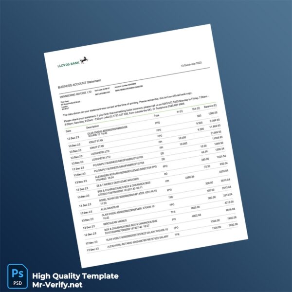 UK Lloyds Bank Business Bank Statement Template in Word and PDF formats