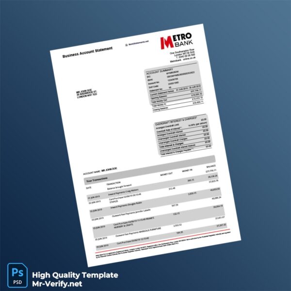 UK Metro Bank Business Account Statement Template in Word and PDF formats UK Metro Bank Business Account Statement Template in Word and PDF formats