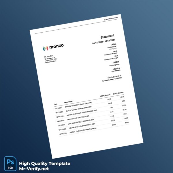 UK Monzo Bank Statement Template in Word and PDF formats
