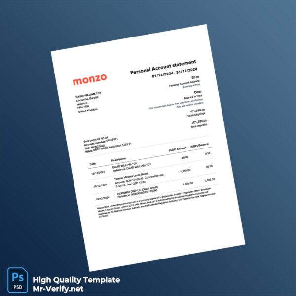 UK Monzo Personal Account Statement Template in Word and PDF formats