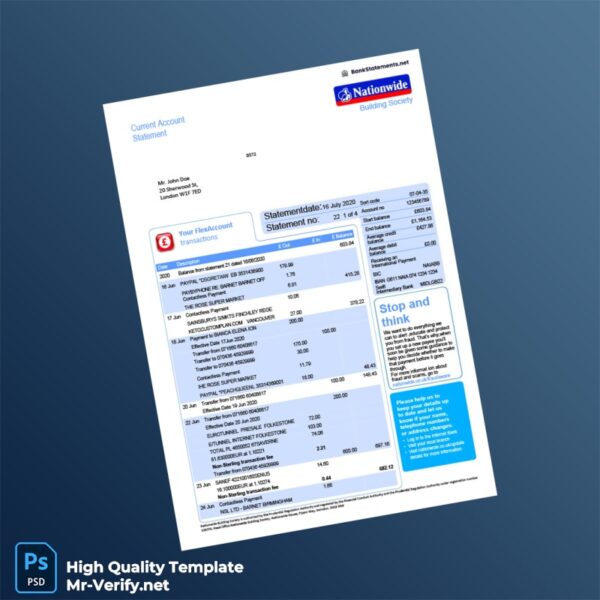 UK Nationwide Bank Statement Template in Word and PDF formats