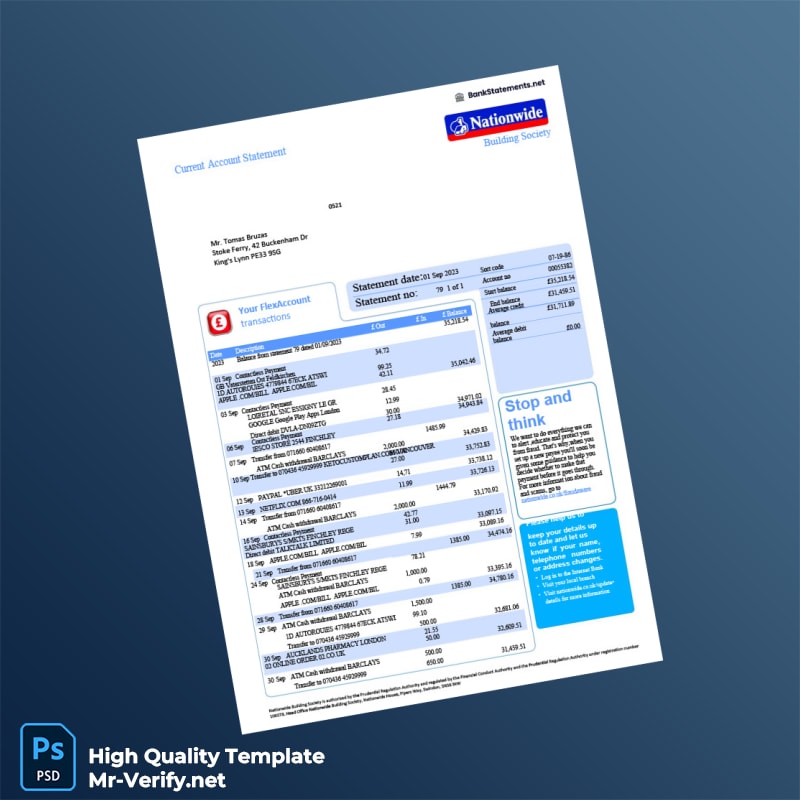 UK Nationwide Building Society Bank Statement Template in Word and PDF formats UK Nationwide Building Society Bank Statement Template in Word and PDF formats