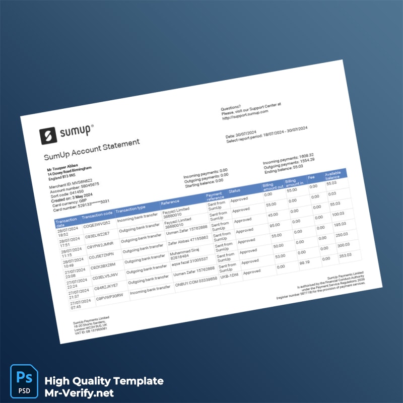 UK SumUp Payments Limited Bank Statement Template in Word and PDF formats UK SumUp Payments Limited Bank Statement Template in Word and PDF formats
