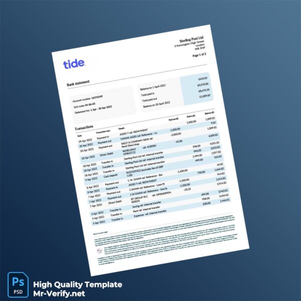 UK Tide Bank Statement Template in Word and PDF formats