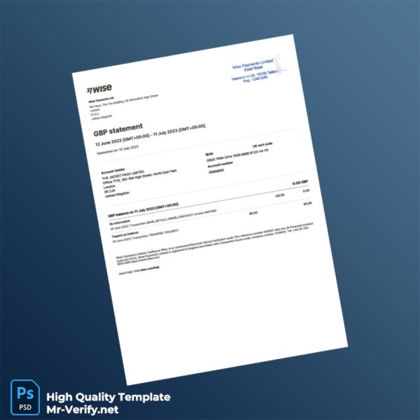 UK Wise Payments Ltd Bank Statement Template in Word and PDF formats
