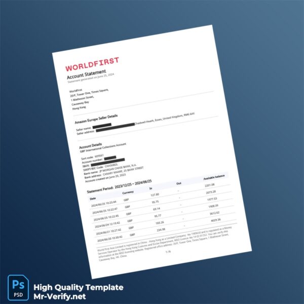 UK WorldFirst Account Statement Template in Word and PDF formats