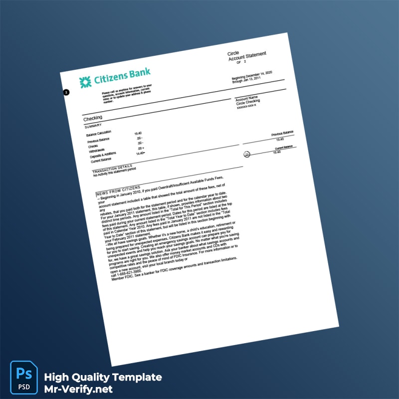 US Citizens Bank Statement Template in Word and PDF formats page 2 US Citizens Bank Statement Template in Word and PDF formats page 2
