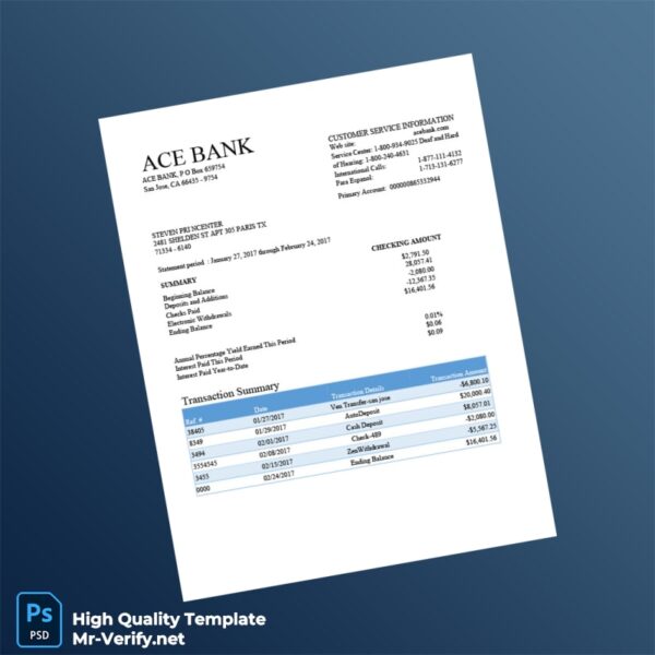 USA ACE BANK Bank Statement Template in Word and PDF formats
