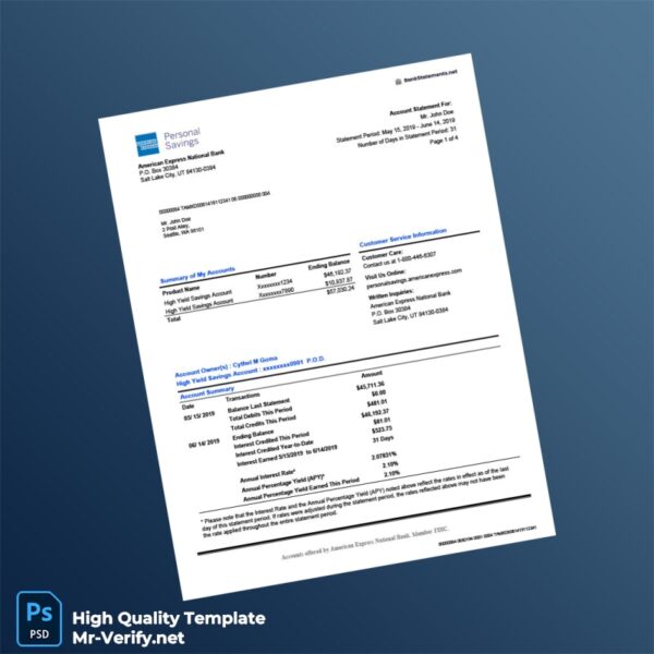 USA American Express Bank Statement Template in Word and PDF formats