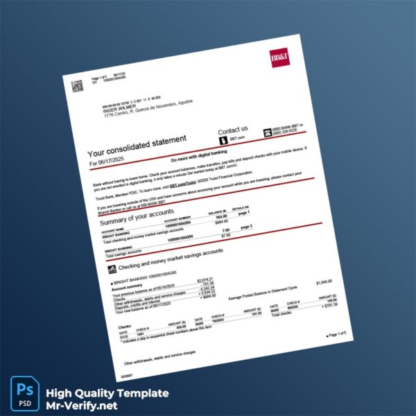 USA BB T Bank Statement Template in Word and PDF formats