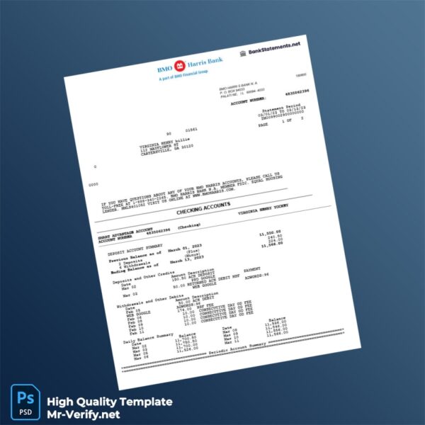 USA BMO Harris Bank Statement Template in Word and PDF formats