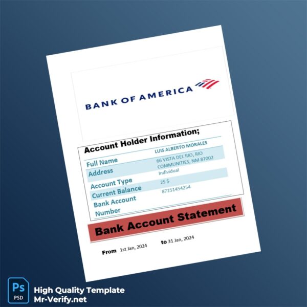 USA Bank of America Account Statement Template in Word and PDF formats