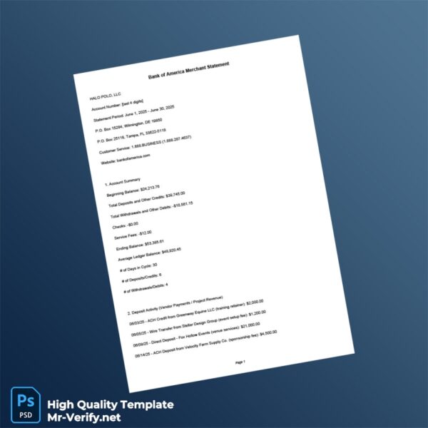 USA Bank of America Merchant Statement Template in Word and PDF formats USA Bank of America Merchant Statement Template in Word and PDF formats