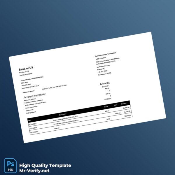 USA Bank of US Bank Statement Template in Word and PDF formats