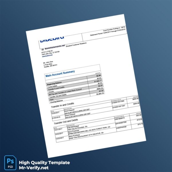 USA Bluebird Bank Statement Template in Word and PDF formats