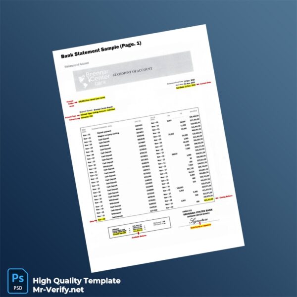 USA Brennan Center Bank Bank Statement Template in Word and PDF formats