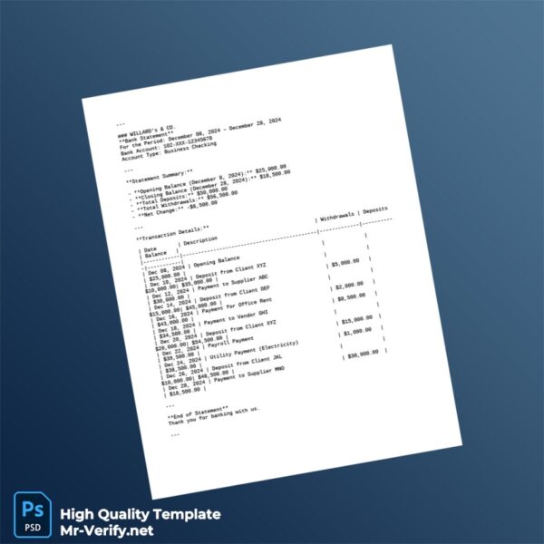 USA Business Checking Bank Statement Template in Word and PDF formats