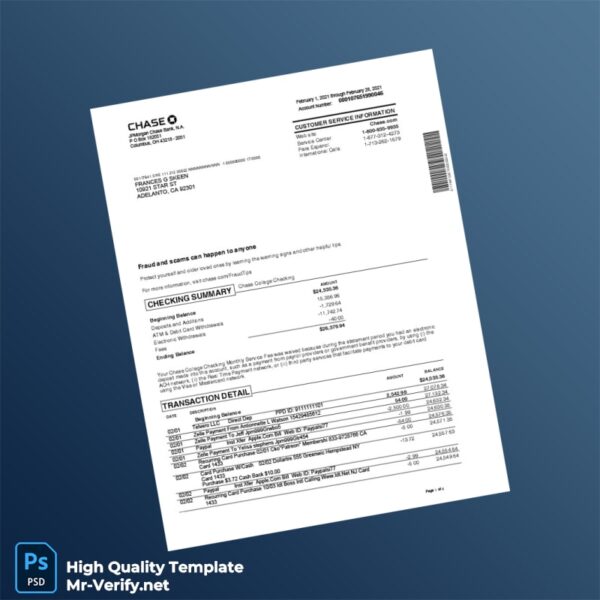 USA Chase College Checking Statement Template in Word and PDF formats