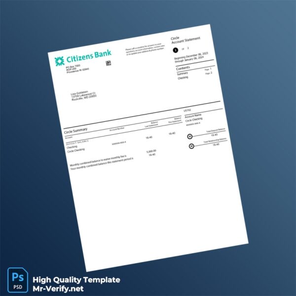 USA Citizens Bank Statement Template in Word and PDF formats USA Citizens Bank Statement Template in Word and PDF formats