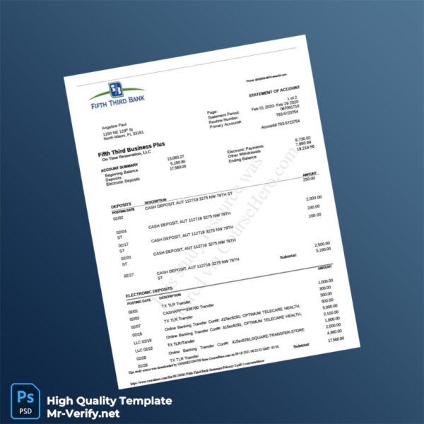 USA Fifth Third Bank Statement Template in Word and PDF formats