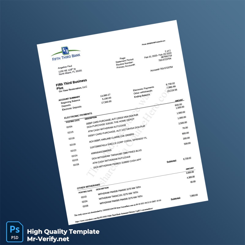 USA Fifth Third Bank Statement Template in Word and PDF formats page 2 USA Fifth Third Bank Statement Template in Word and PDF formats page 2