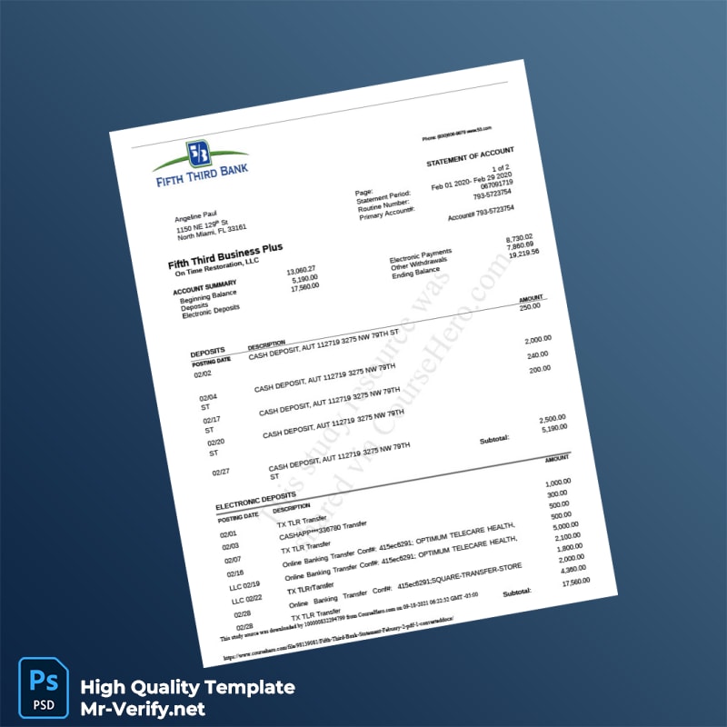 USA Fifth Third Bank Statement Template in Word and PDF formats USA Fifth Third Bank Statement Template in Word and PDF formats