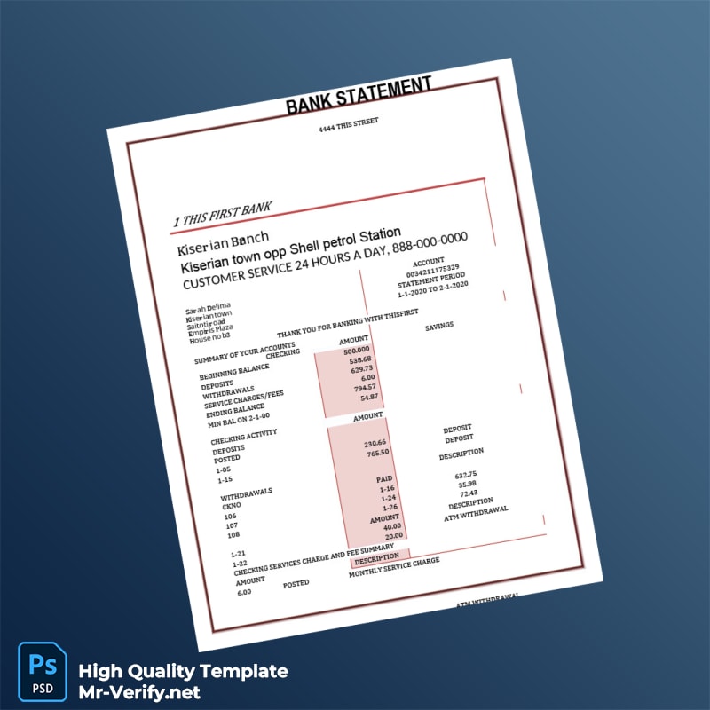 USA First Bank Bank Statement Template in Word and PDF formats USA First Bank Bank Statement Template in Word and PDF formats