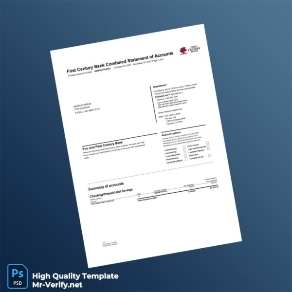 USA First Century Bank Bank Statement Template in Word and PDF formats