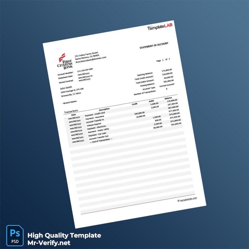 USA First Citizens Bank Bank Statement Template in Word and PDF formats USA First Citizens Bank Bank Statement Template in Word and PDF formats