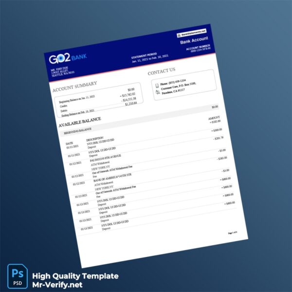 USA GO2bank Bank Statement Template in Word and PDF formats USA GO2bank Bank Statement Template in Word and PDF formats