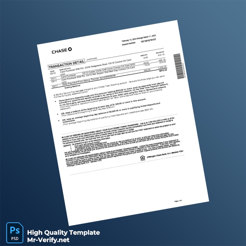 USA JPMorgan Chase Bank Statement Template in Word and PDF formats page 3 USA JPMorgan Chase Bank Statement Template in Word and PDF formats page 3