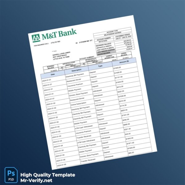 USA M T Bank Statement Template in Word and PDF formats USA M T Bank Statement Template in Word and PDF formats