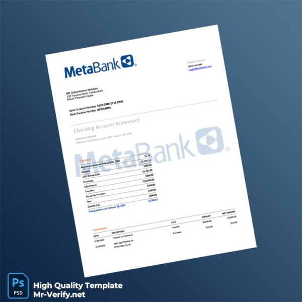 USA Metabank Bank Statement Template in Word and PDF formats