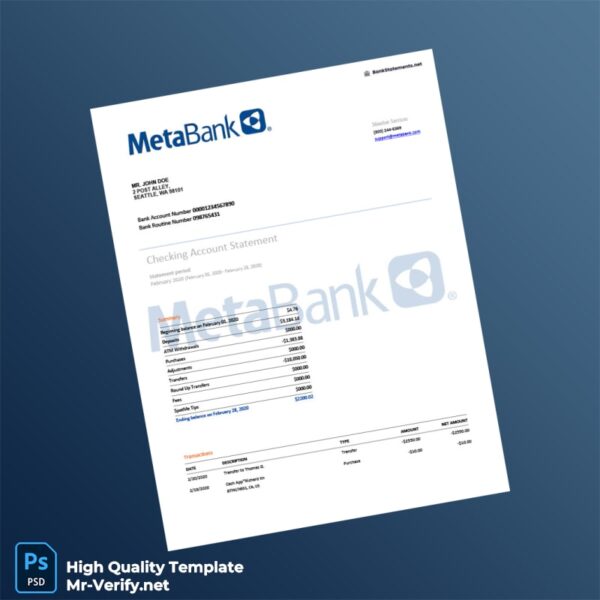 USA Metabank Checking Account Statement Template in Word and PDF formats
