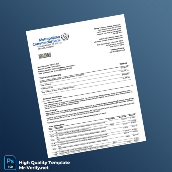 USA Metropolitan Commercial Bank Statement Template in Word and PDF formats USA Metropolitan Commercial Bank Statement Template in Word and PDF formats