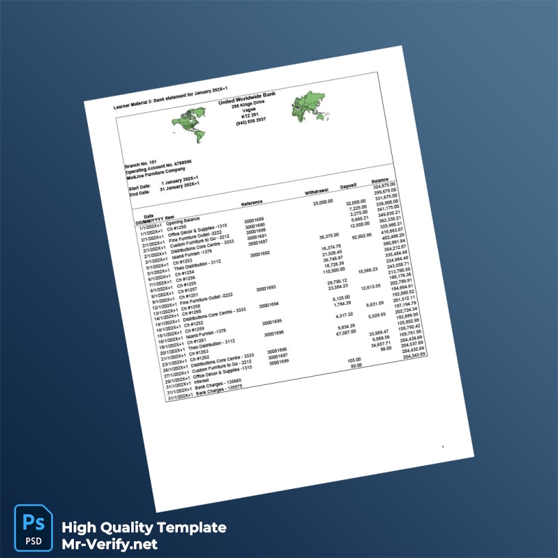 USA Mo Joe Furniture Company Bank Statement Template in Word and PDF formats USA Mo Joe Furniture Company Bank Statement Template in Word and PDF formats