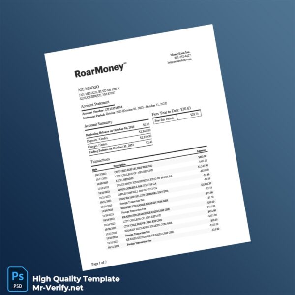 USA MoneyLion Account Statement Template in Word and PDF formats