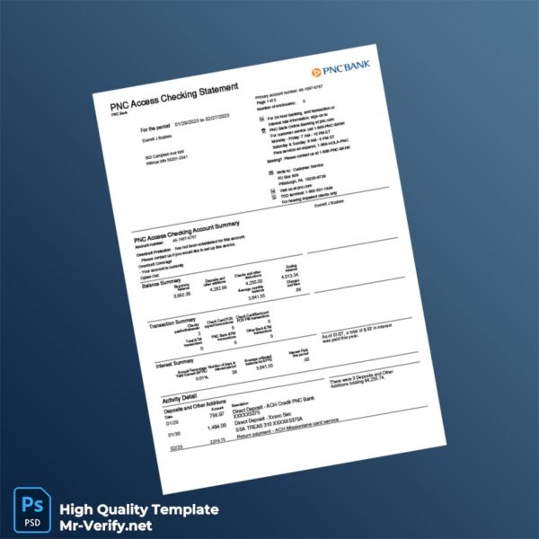 USA PNC Bank Statement Template in Word and PDF formats
