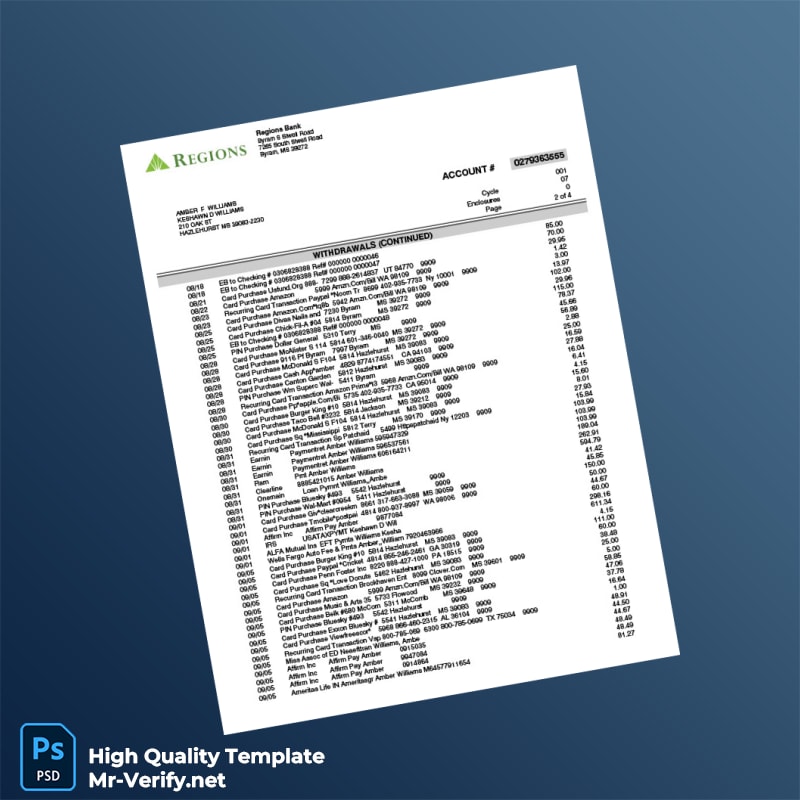 USA Regions Bank Account Statement Template in Word and PDF formats page 2 USA Regions Bank Account Statement Template in Word and PDF formats page 2