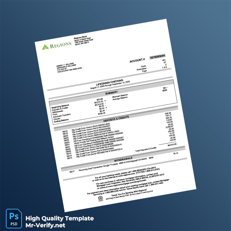 USA Regions Bank Account Statement Template in Word and PDF formats USA Regions Bank Account Statement Template in Word and PDF formats