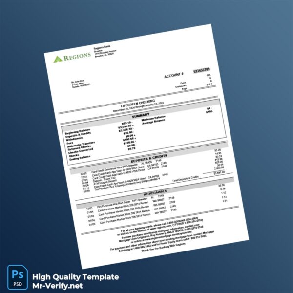 USA Regions Bank Statement Template in Word and PDF formats USA Regions Bank Statement Template in Word and PDF formats