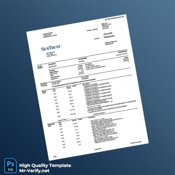 USA SunTrust Bank Statement Template in Word and PDF formats