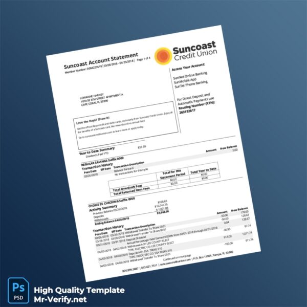USA Suncoast Bank Statement Template in Word and PDF formats USA Suncoast Bank Statement Template in Word and PDF formats